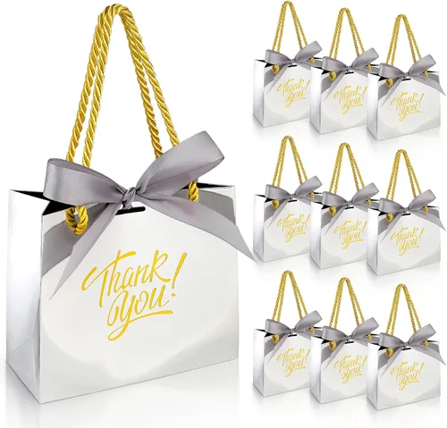 Miniatura 10 de EQOREIIN Paquete de 30 bolsas pequeñas de regalo de agradecimiento con asas 5.5 x 2.4 x 4.7 pulgadas, mini bolsas de regalo marrones con lazo