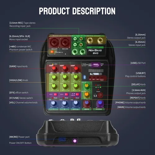 Miniatura 5 de Mezclador de audio para DJ, mezcladores de DJ, tablero de sonido de 4 canales con Bluetooth, tablero mezclador de sonido NEW BAXS XRL/interfaz