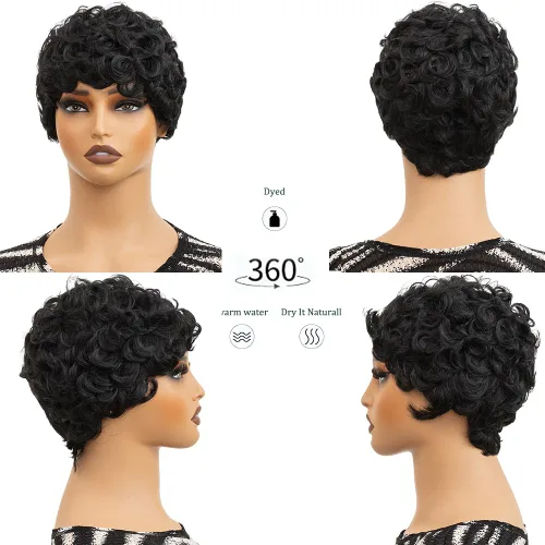 Miniatura 3 de Cabello rizado Pixie para mujer con flequillo para mujer (negro y rizado) Pixie - Pelucas sintéticas en capas, pelucas cortas para mujeres negras
