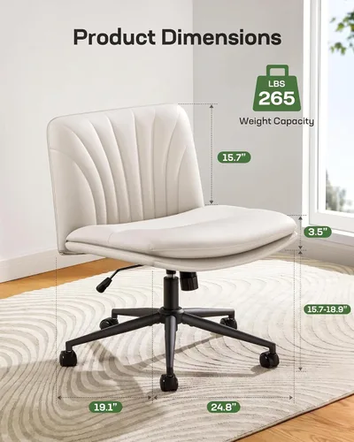 Miniatura 5 de Marsail Silla de Escritorio de Oficina sin Brazos con Ruedas: Silla Ancha de Cuero PU con Piernas Cruzadas, Sillas de Trabajo Giratorias Ajustables