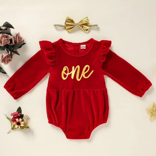 Miniatura 14 de GRNSHTS Ropa de primer cumpleaños para niña de terciopelo de un año de edad, mameluco de manga larga + diadema, 2 piezas de trajes de pastel