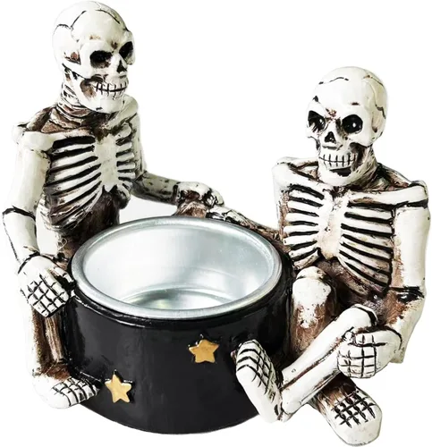 Miniatura 4 de Portavelas espeluznante – Decoración de Halloween, portavelas de calavera de esqueleto de terror, calavera de resina, estilo gótico, decoración