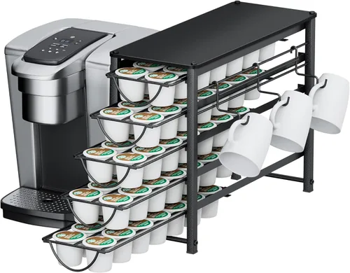 Miniatura 9 de HFHOME Soporte para cápsulas de café con parte superior de madera, compatible con K-Cups, cajón de almacenamiento de cápsulas de café de 4 niveles