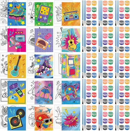 Sherr Juego de 75 piezas de 15 piezas de lienzo predibujado vintage de los años 90 para pintar, kit de sorbo y pintura para adultos de bricolaje