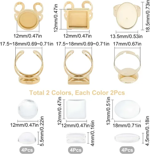 Miniatura 2 de SUNNYCLUE Anillo de dedo, base de anillo ajustable en blanco, media redonda, base de cabujón plano, configuración de bandeja de bisel para kit