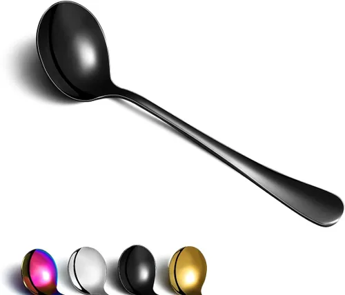 Berglander - Juego de 4 cucharas de sopa negras de acero inoxidable chapado en titanio de 7.5 pulgadas, cucharas redondas brillantes, juego de