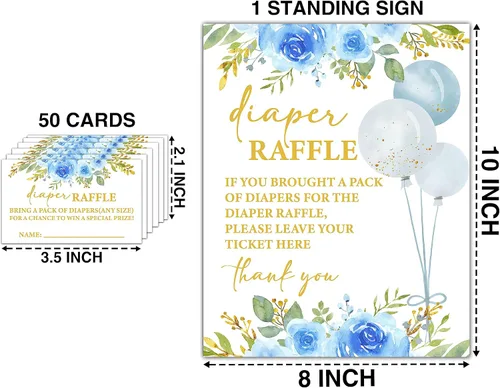 Miniatura 2 de Cartel de 8 x 10 pulgadas para sorteo de pañales con 50 boletos para rifas de pañales, juegos florales azules para baby shower, suministros