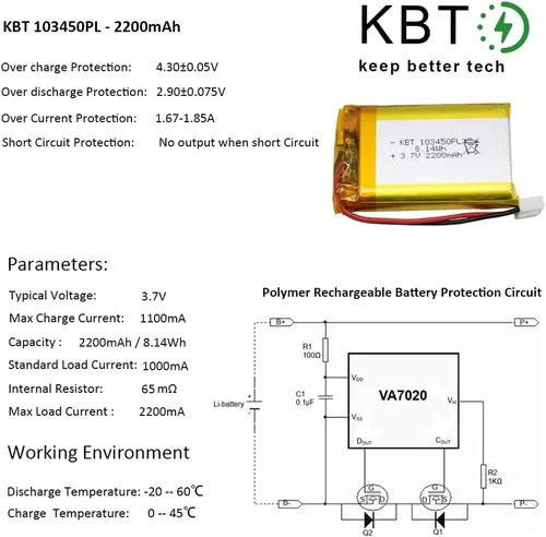 Miniatura 6 de Batería de polímero de litio KBT 3.7V 2200mAh: 103450 Baterías de repuesto de iones de litio recargables Lipo con conector JST