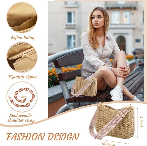 Miniatura 2 de Sweetude Bolso de mano de paja para mujer, juego de aretes de ratán, bolsa de paja de verano, playa, bolso bohemio, cartera tejida para vacaciones