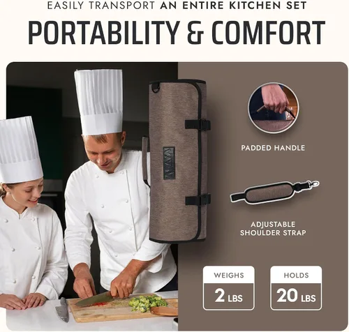 Miniatura 5 de Asaya Bolsa enrollable para cuchillos de chef, 20 bolsillos en total para cuchillos y utensilios de cocina, fabricada con nailon encerado resistente