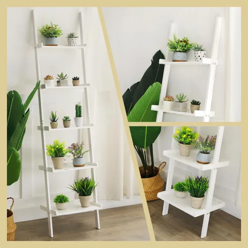 Miniatura 5 de Estantería de escalera de 5 niveles – Estante de almacenamiento, estante inclinado de pared, soporte de flores blanco independiente, estantería