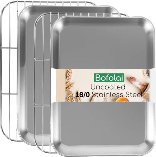Juego de 4 bandejas para hornear de acero inoxidable 18/0 con estante de enfriamiento, aptas para horno, no tóxicas, para hornear, sin revestimiento