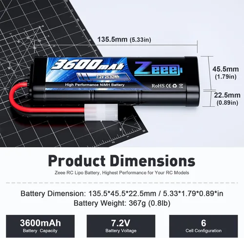 Miniatura 2 de Zeee Batería NiMH RC de 7.2 V 3600 mAh con enchufe Tamiya de alta potencia para coche RC camión RC asociado HPI Losi Kyosho Tamiya Hobby