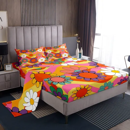 Miniatura 26 de Juego de sábanas para niñas, tamaño individual, diseño floral bohemio de los años 60 y 70 años, diseño hippie kawaii, decoración de habitación