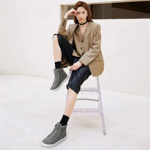 Miniatura 3 de hash bubbie Women's High top Sneakers Lace up PU Leather Fashion Shoes Black Boots Fuzzy Ankle Booties with Zipper