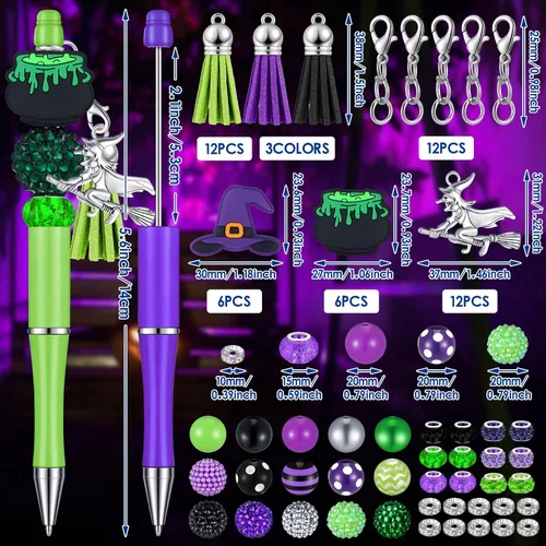 Miniatura 4 de Jutom Kit de 12 bolígrafos de cuentas de Halloween con cuentas de silicona focales, bolígrafos de bruja, caldero, púrpura, verde, para manualidades