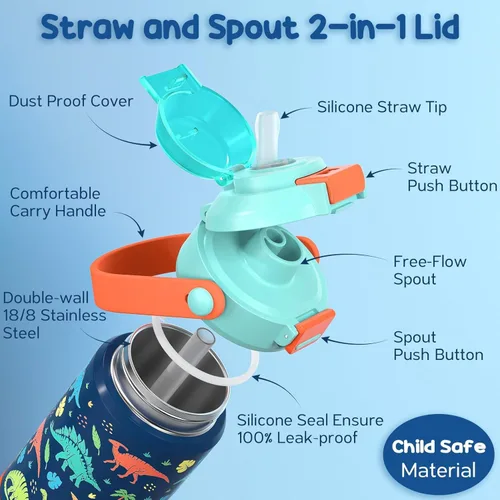 Miniatura 2 de Taza térmica para niños con popote de apertura y pico 2 en 1, 18 oz, tapa a prueba de derrames, acero inoxidable 18/8, taza térmica al vacío, sin