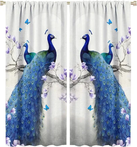 Miniatura 61 de Cortina opaca con estampado de pavo real, con estampado de animales retro, con bolsillo para cortinero y flores de peonía doradas, para dormitorio
