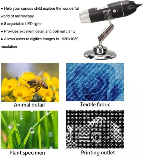 Miniatura 5 de Microscopio digital USB 50X a 1600X, cámara endoscopio de aumento con 8 LED, microscopio portátil de mano con soporte para Android