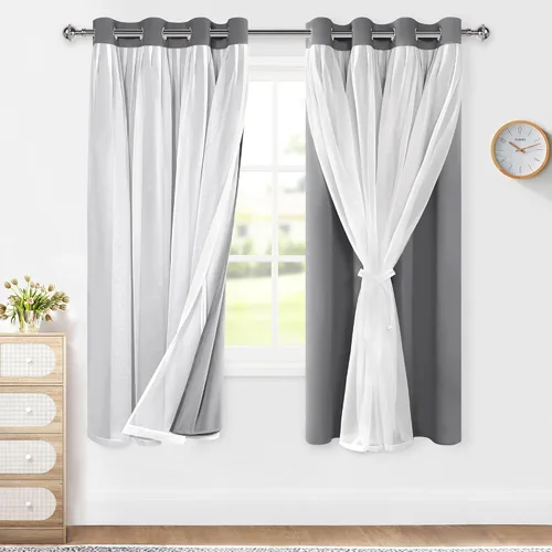 Miniatura 19 de XWZO Cortinas 100% opacas de doble capa para guardería, cortinas opacas con superposición transparente para dormitorio de niñas, cortinas