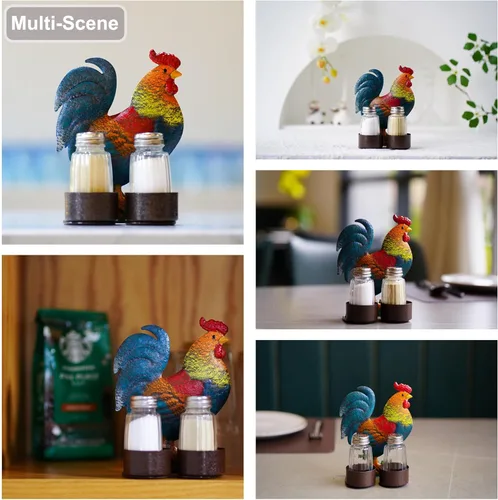 Miniatura 5 de Juego de salero y pimienta con diseño de gallo - Dos saleros de vidrio con tapas, soporte vintage de metal con diseño de gallo para especias