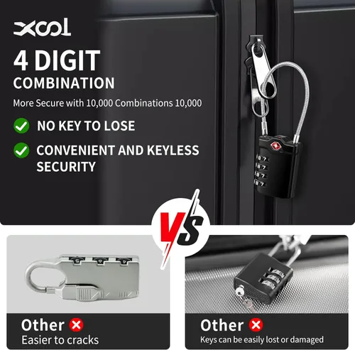 Miniatura 4 de XOOL 2 cerraduras de equipaje aprobadas por la TSA de 4 dígitos con cable de acero flexible, candado de equipaje reajustable para maletas, mochilas
