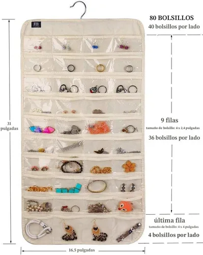 Miniatura 6 de BB Brotrade Organizador colgante de joyas, organizador de accesorios, organizador de 80 bolsillos para guardar joyas (beige)