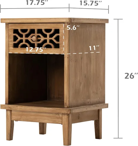 Miniatura 2 de Mesita de noche rústica, mesa auxiliar de madera maciza, mesa auxiliar retro de granja con parte delantera tallada a mano y estante abierto, natural