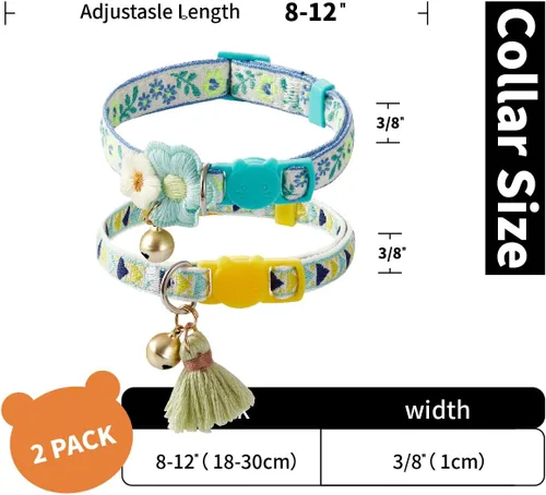Miniatura 6 de Paquete de 2 collares de gato con bonito patrón colorido para gato, niño y niña, longitud ajustable con borla de campana, patrón tribal bohemio
