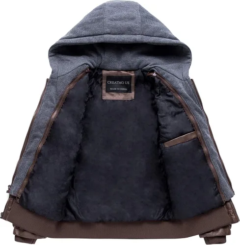 Miniatura 3 de CREATMO US Chaqueta de piel sintética para hombre, impermeable, resistente al viento, PU con capucha extraíble
