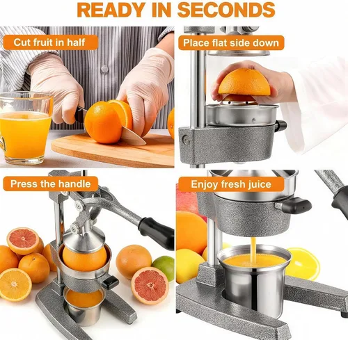 Miniatura 4 de Exprimidor de cítricos de hierro fundido – Prensa manual de naranja resistente de 13.8 libras, taza y colador de acero inoxidable 304, exprimidor