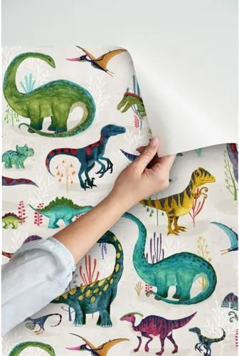 Miniatura 3 de Muestras de papel tapiz para despegar y pegar, dinosaurios, brillantes, grandes, verdes, para niños, rayas grises, dibujado a mano, dinosaurios