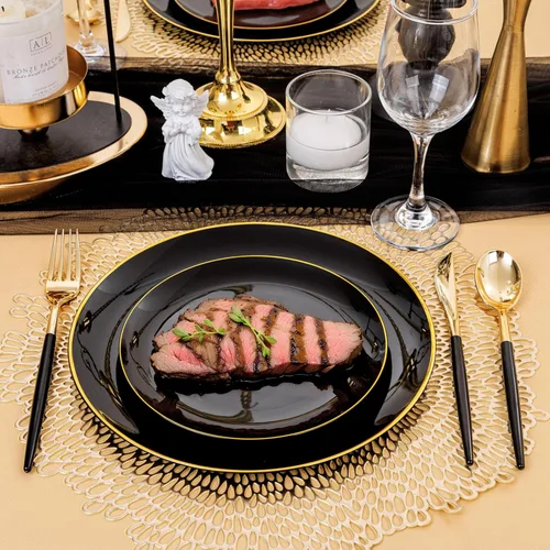 Miniatura 8 de 150 piezas de platos de plástico negros, platos negros y dorados, cubiertos de plástico dorados, juego de vajilla negro y dorado, vajilla de calidad