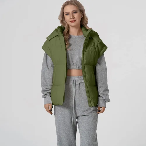 Miniatura 19 de Shiyifa Chaleco acolchado para mujer, chaqueta de gran tamaño, sin mangas, ligera, con cremallera, con capucha desmontable