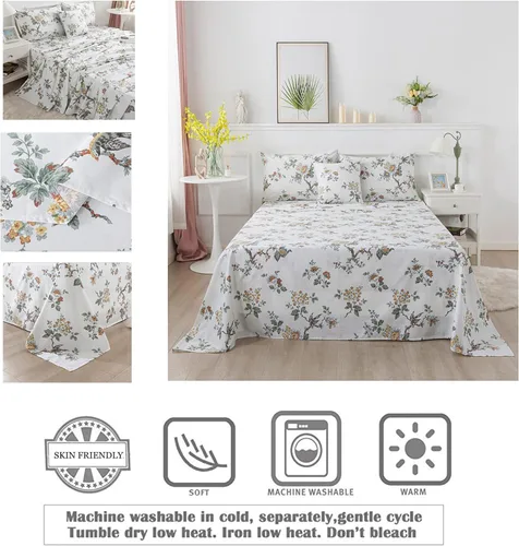 Miniatura 4 de FADFAY Elegante juego de sábanas con estampado de pájaros beige desgastado, 100% algodón, ultra suave, para niñas, con bolsillo profundo, 4 piezas