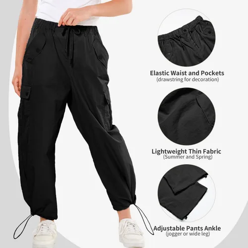 Miniatura 3 de Rolanko Pantalones de paracaídas para niñas, pantalones cargo Y2K con bolsillos, pantalones deportivos Harajuku para niños de 4 a 14 años