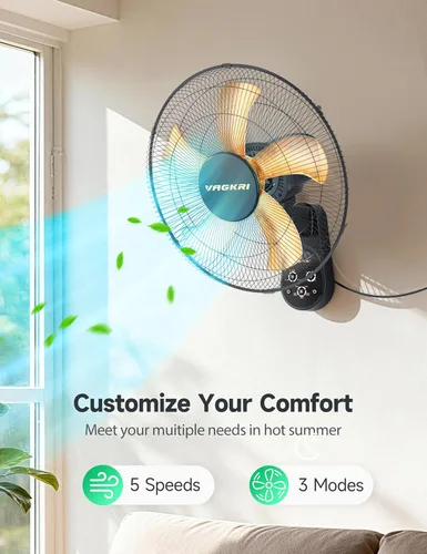 Miniatura 3 de VAGKRI Ventilador de montaje en pared de 16 pulgadas, ventilador oscilante silencioso con control remoto, 5 velocidades, temporizador de 8 horas