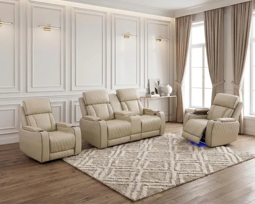 Miniatura 13 de Juego de 3 piezas para sala de estar, sofá reclinable eléctrico de cuero con puertos USB, iluminación LED y portavasos, asientos de cine en casa