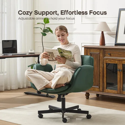 Miniatura 6 de amseatec Silla Criss Cross con Respaldo y Ruedas, Silla Ajustable Giratoria Cómoda para Tocador y Salón, Silla de Oficina para el Hogar, Estilo Verde