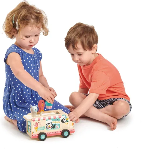 Miniatura 5 de Tender Leaf Toys - Furgoneta de gelato de pingüino - Vehículo de madera de helado de juego de comida estilo camión de comida - Fomenta el juego