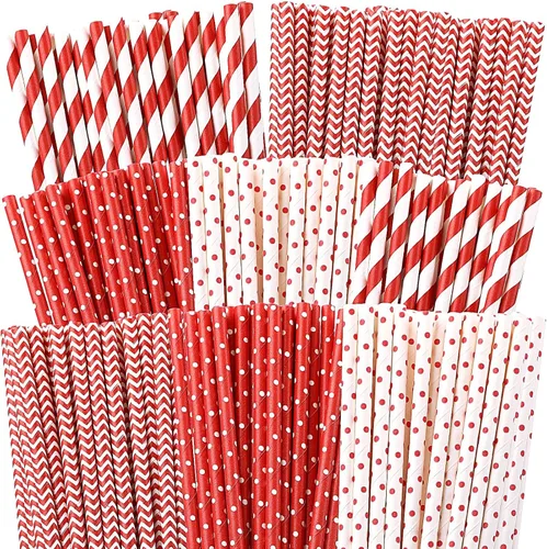 Miniatura 7 de 500 pajitas de papel de Navidad, 8 estilos, desechables, rojo y verde, rayas cheurón, bicolor, rayas, lunares, mezcla de pajitas para suministros