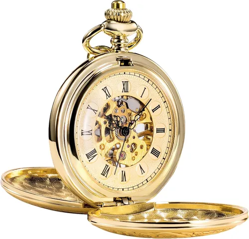 TREEWETO Reloj de bolsillo para hombre antiguo, diseño de esqueleto mecánico, plateado, doble caja, números romanos de regalo para hombre