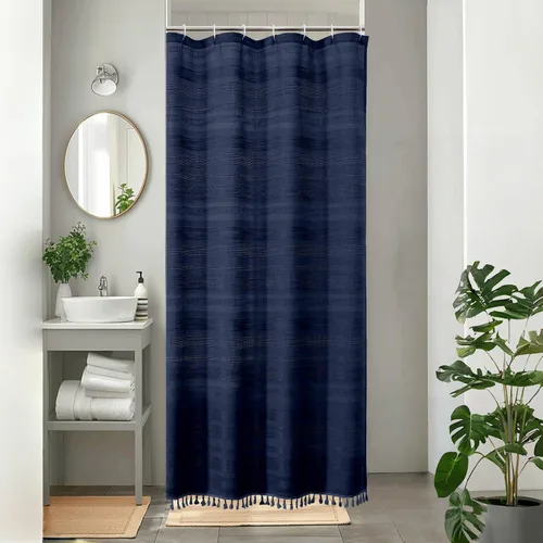 Miniatura 31 de OVZME Cortina de ducha bohemia negra, cortina de ducha estrecha de tela suave a rayas de lino texturizado con borla, moderna decoración de baño