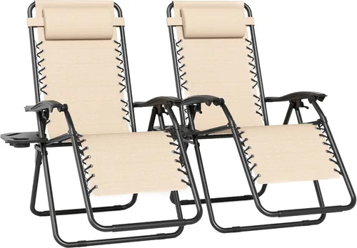 Juego de 2 sillas reclinables ajustables de gravedad cero para exteriores, con bandeja portavasos, almohadas extraíbles, silla reclinable ergonómica