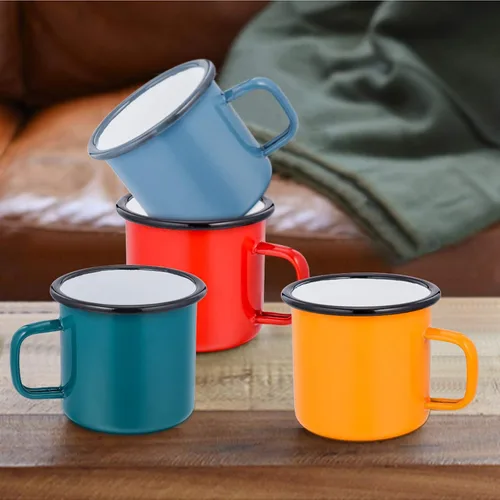 Miniatura 3 de E-far Taza de café esmaltada de 12 onzas, tazas de café para camping, rojo/amarillo/azul/verde, colores saludables y brillantes, juego de 4