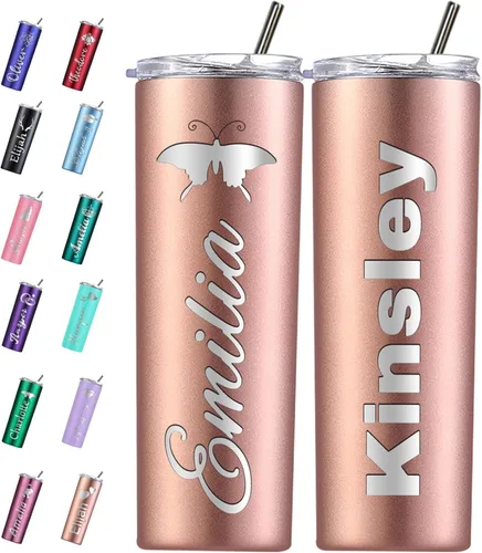 Miniatura 10 de Vaso personalizado personalizado con nombre grabado y logotipo, vasos delgados personalizados con tapa y pajita, vaso aislado de acero inoxidable