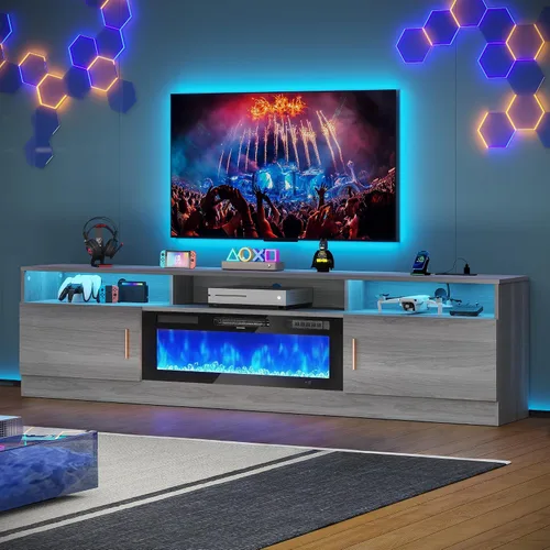 Miniatura 20 de MXV - Soporte de TV con chimenea de 70 pulgadas con toma de corriente para televisores de hasta 80 pulgadas, centro de entretenimiento con chimenea