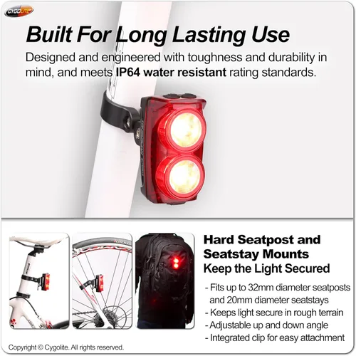 Miniatura 6 de Cygolite Hypershot - Luz trasera para bicicleta de 350 lúmenes, 7 modos nocturnos y diurnos, velocidades de flash ajustables por el usuario