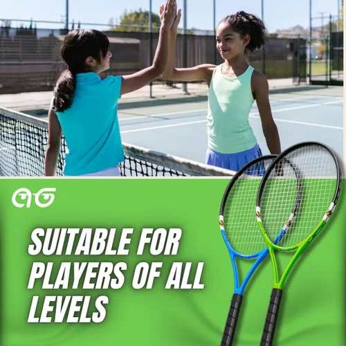 Miniatura 7 de Raquetas de tenis para 2 jugadores, paquete variado de dos colores con 2 pelotas de tenis, cinta de agarre, tarjetas de oferta y bolsa