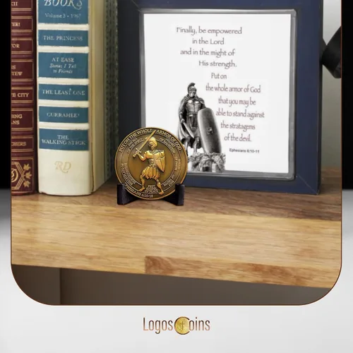 Miniatura 8 de 1 moneda de desafío de armadura de Dios, versículo bíblico de Efesios 6:10, moneda de desafío cristiano chapada en oro antiguo de 1.75 pulgadas